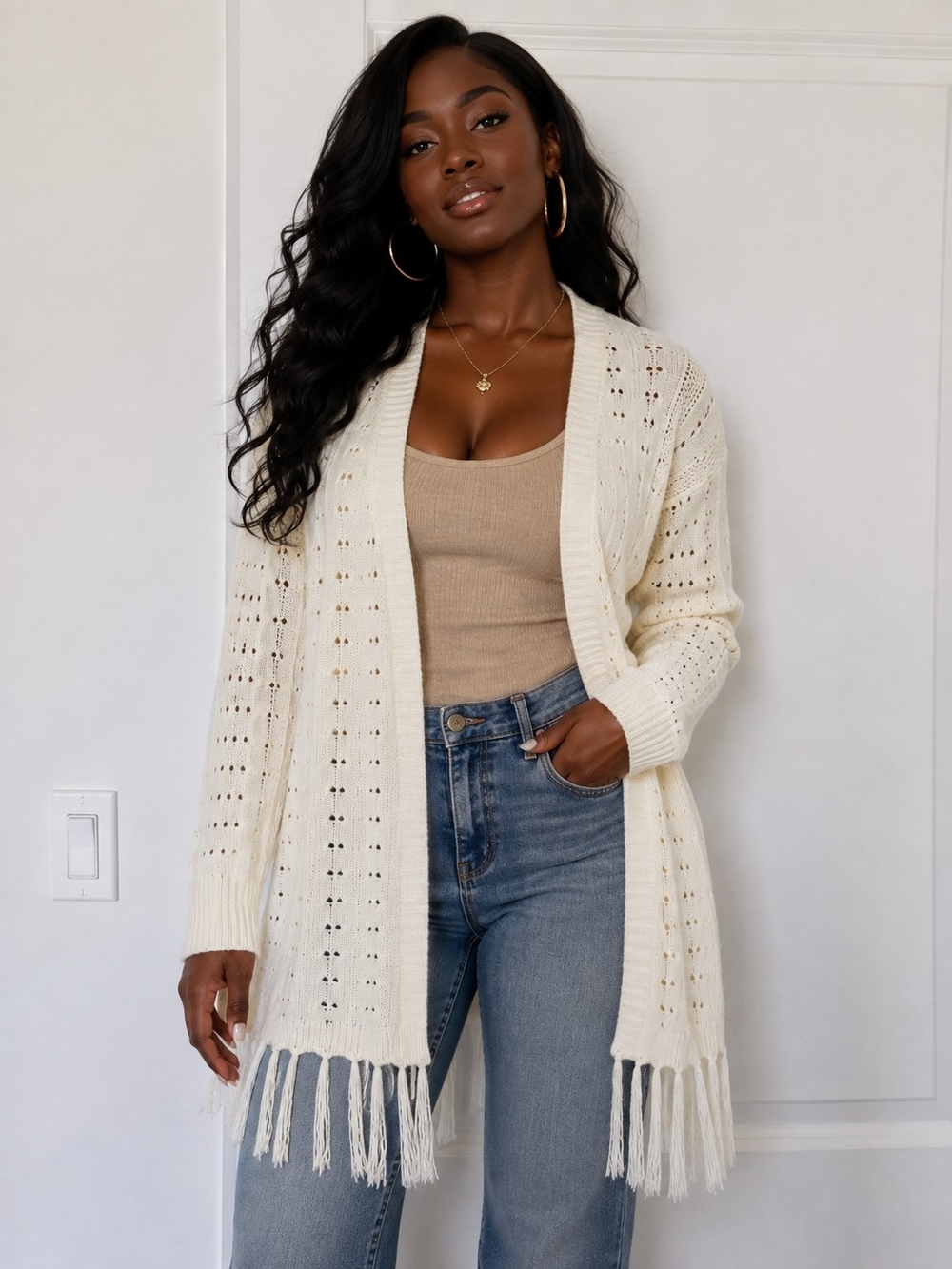 Cream Open-Knit Long Cardigan Sweater with Fringe Hem – New
